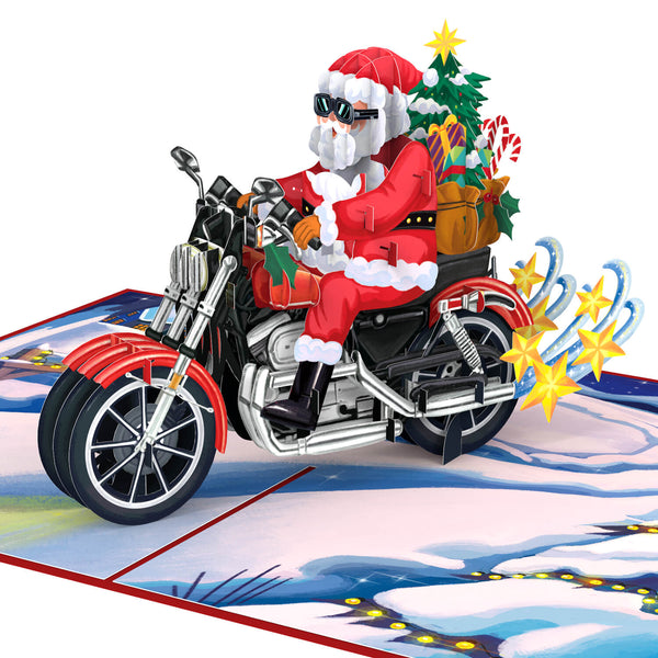 Carte pop-up Père Noël sur une moto