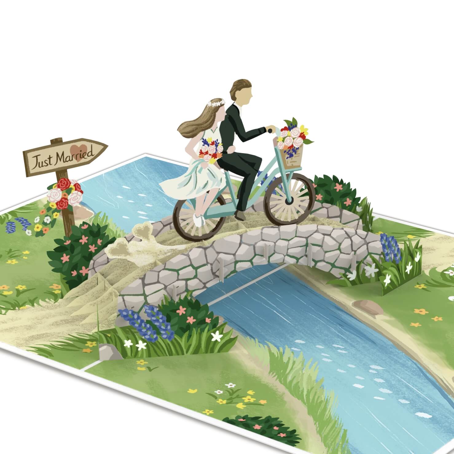 Carte pop-up Jeunes mariés à vélo