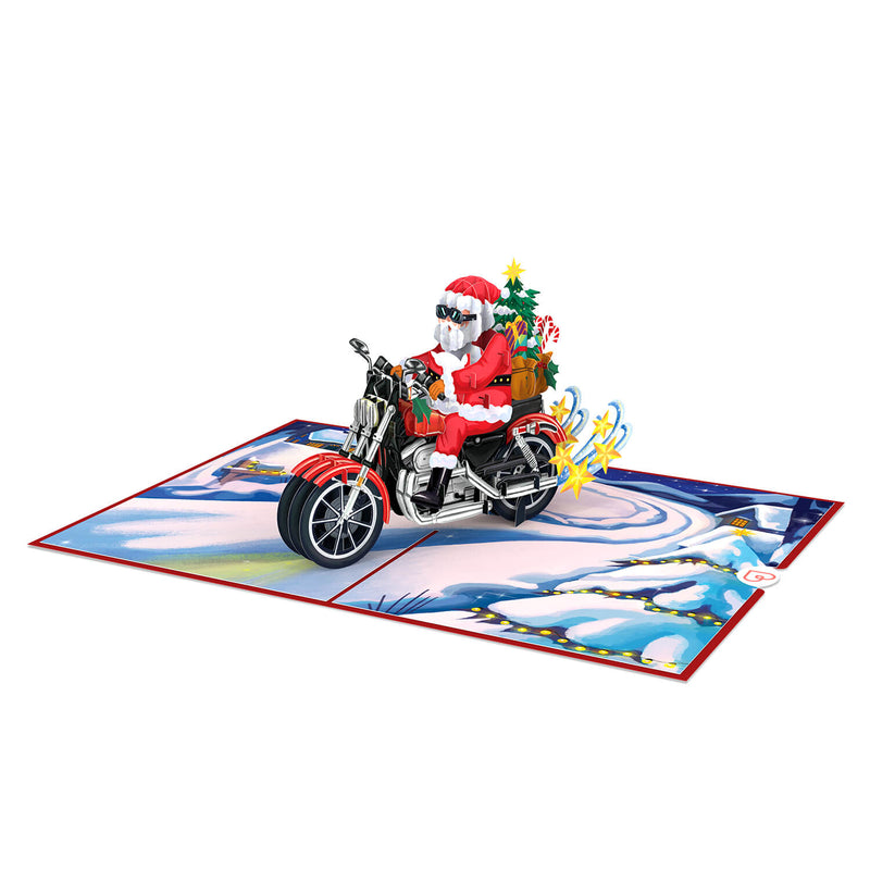 Carte pop-up Père Noël sur une moto
