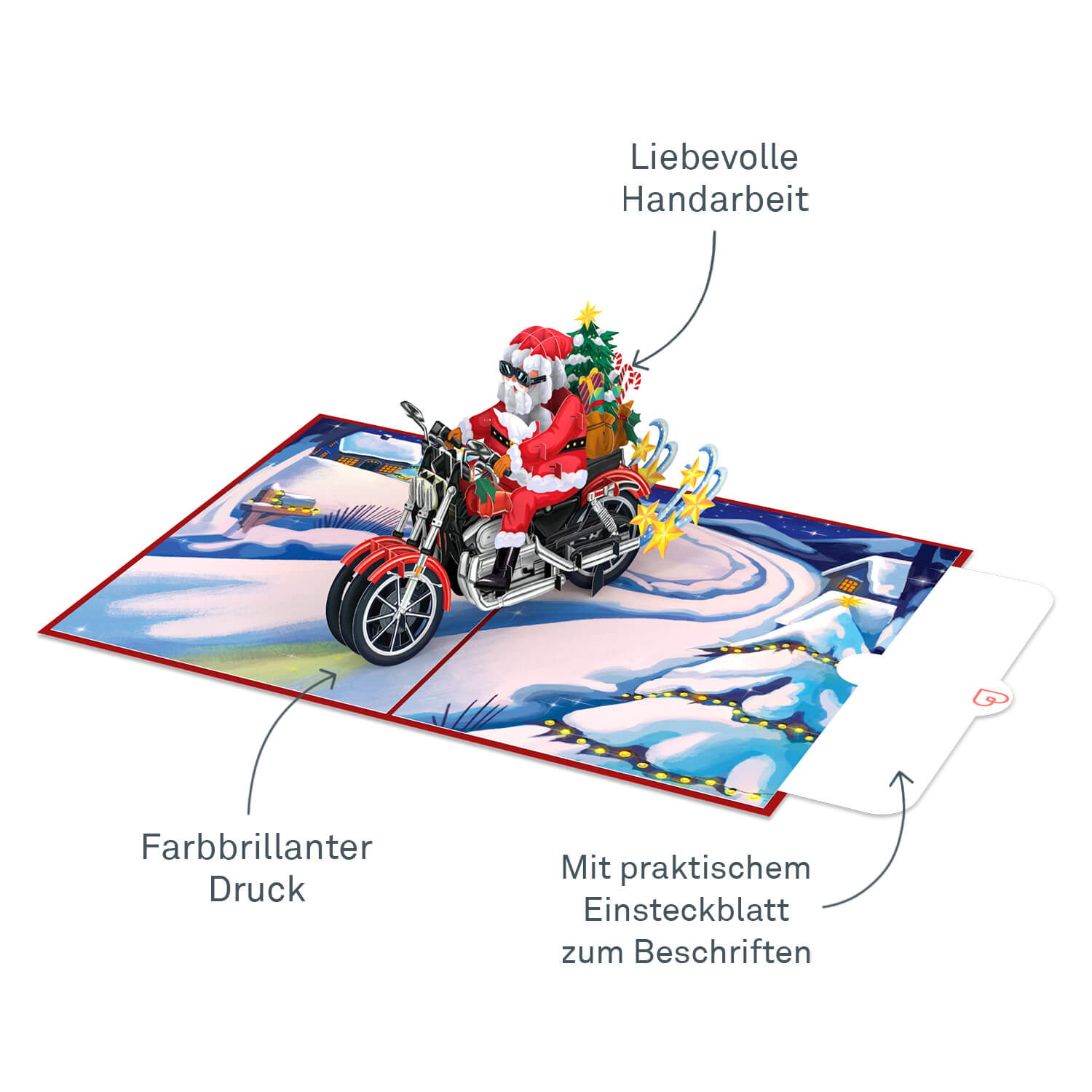 Carte pop-up Père Noël sur une moto