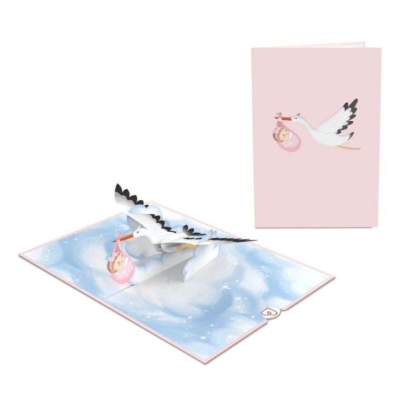 Carte pop-up cigogne et bébé (rose)